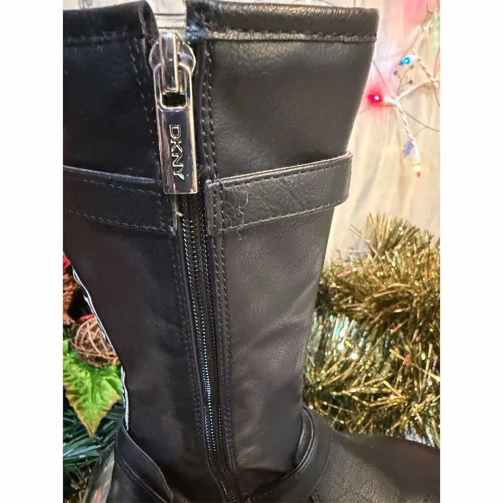 DKNY Girls' Black Moto Boots with Buckle Details and Side Zip